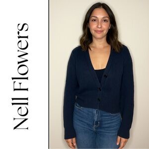 Vintage Nell Flowers Ramie Cotton Knit Cardigan Sweater | Classic Navy Blue 80s